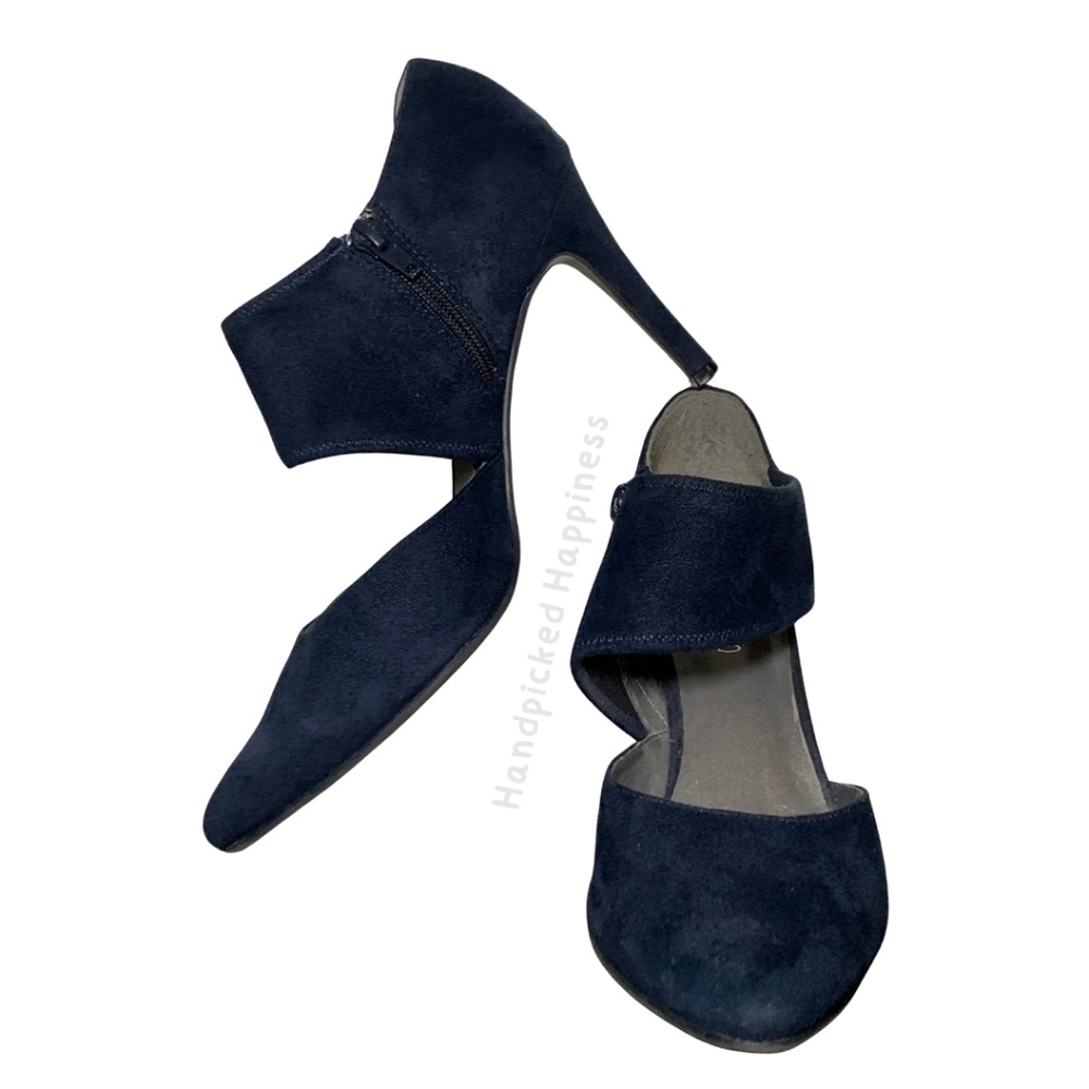 Ann Marino Navy Blue Suede Pointed Toe Heels | Strap Detail | Classic Pumps
